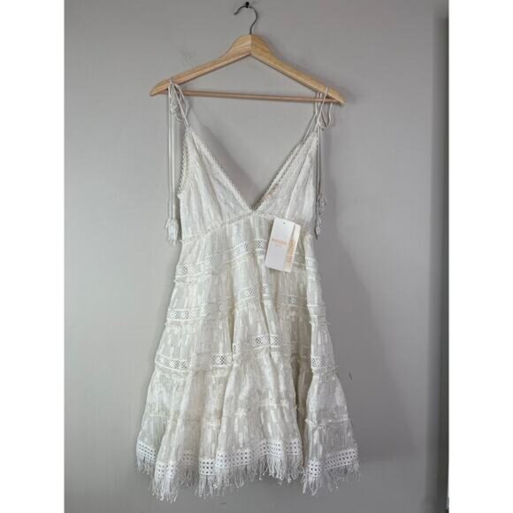 Rococo Sand Fil Coupe Tiered Eyelets Metallic Lace Mini Dress White Size: XS - Picture 2 of 9